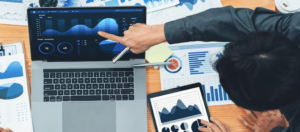 Marketing analytics tools dashboard with graphs, KPIs, and data visualization icons.