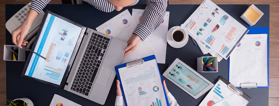 SEO report tools interface with charts, keyword data, and performance metrics.